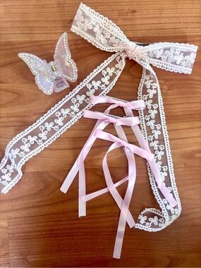Pink Bow Coquette Hair Ribbon & Butterfly Sparkle Clip Accessories Set